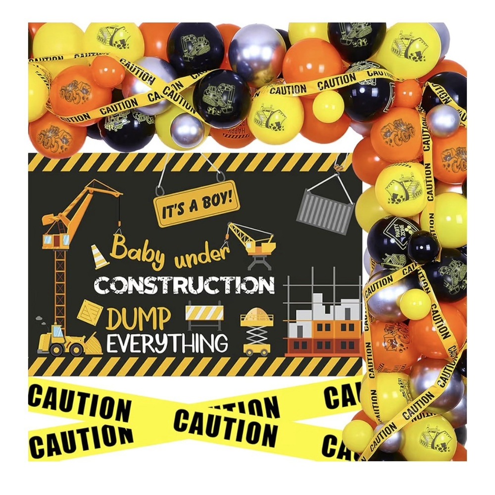 Construction Baby Shower Decorations Balloon Garland Kit Backdrop Caution Tape